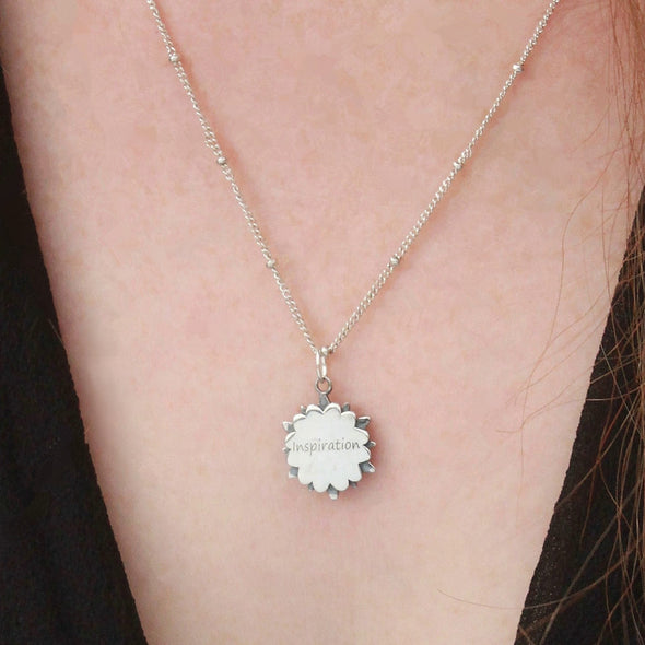 Sterling silver mandala 'inspiration' necklace. on neck.