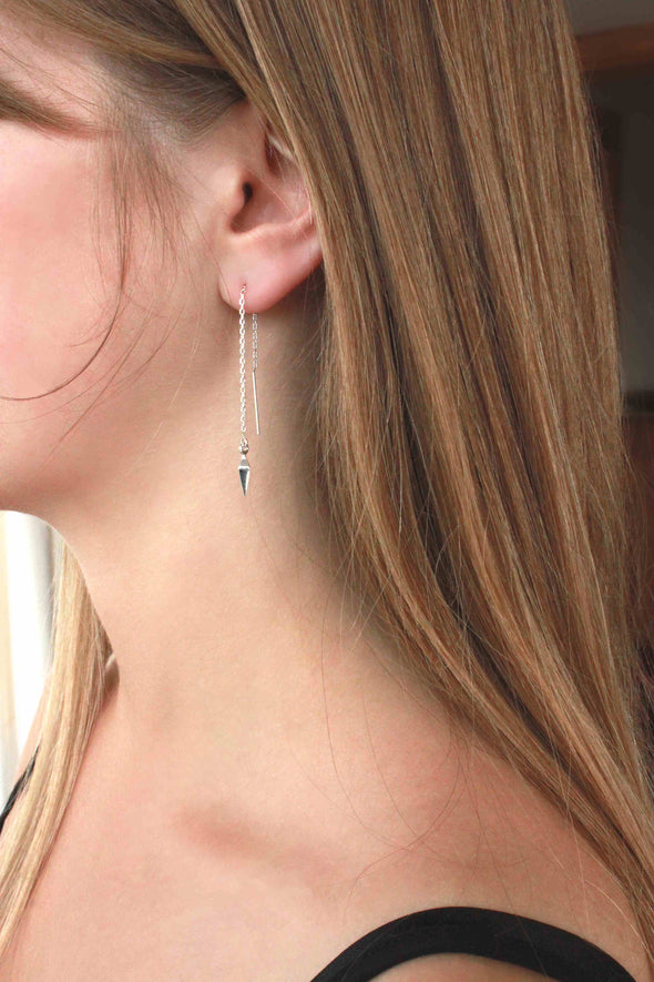 Sterling Silver Thread Earrings on model