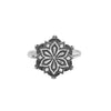 Sterling Silver flower mandala ring on white background.