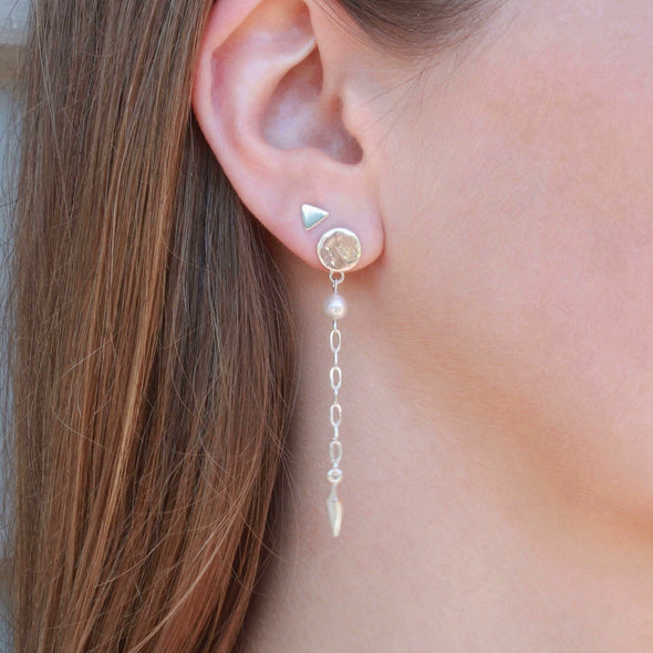 Sterling silver round stud earring with white pearl drop on model ear