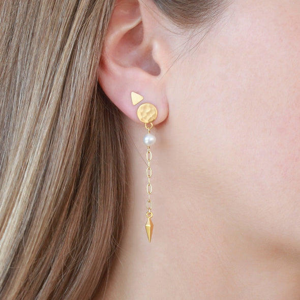 Gold triangle stud with Gold round pearl drop earring