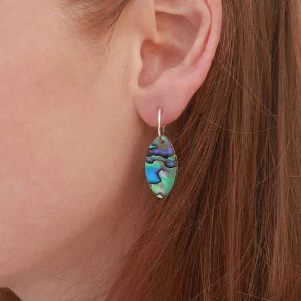 Paua & White Mussel oval shell earrings on Sterling silver sleeper hoops