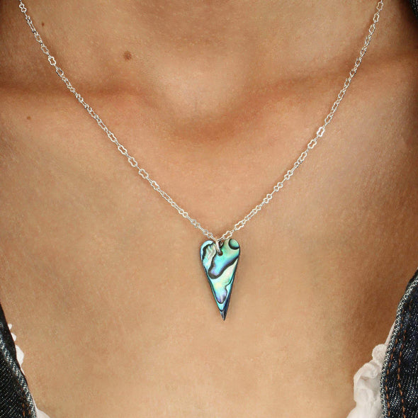 Paua Heart necklace on neck