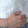 Sterling Silver cable chain bracelets on wrist and rings
