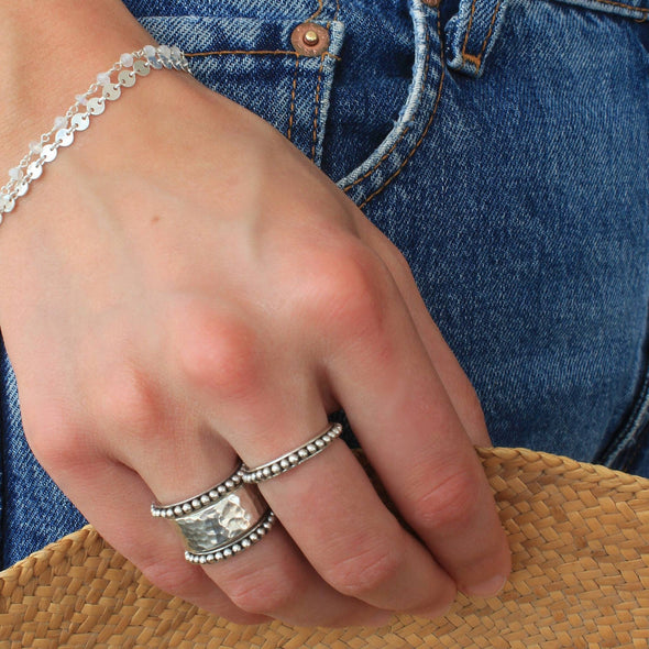 Sterling Silver Ball Rings on models hand